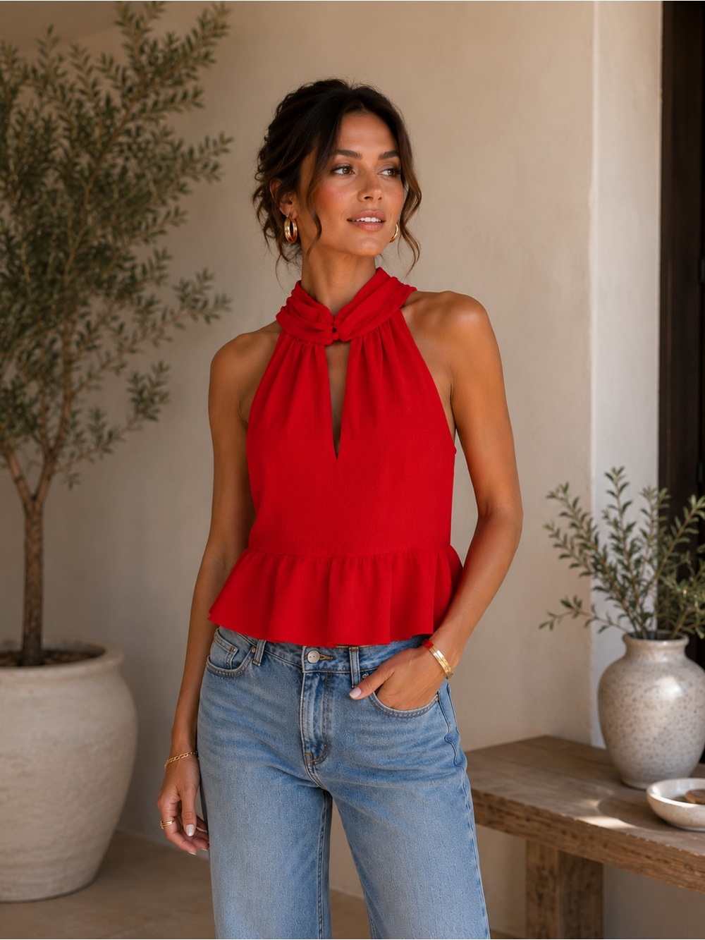 1. State Red Knotted Halter Peplum Camisole